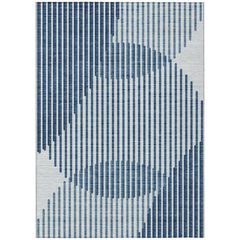 Blue and White Rectangular Machine Washable Synthetic Rug