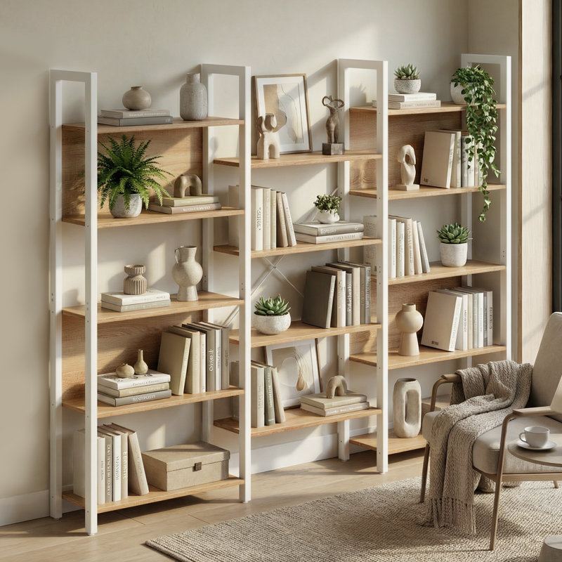 Jaliyah 166 cm H x 158 cm W Steel Etagere Bookcase, Golden Oak