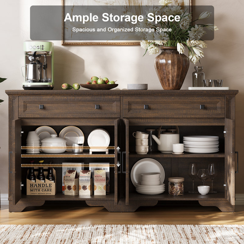 63" Sideboard Buffet Cabinet With 2 Large Drawers & Cabinets For Dining Room, Living Room, Brown