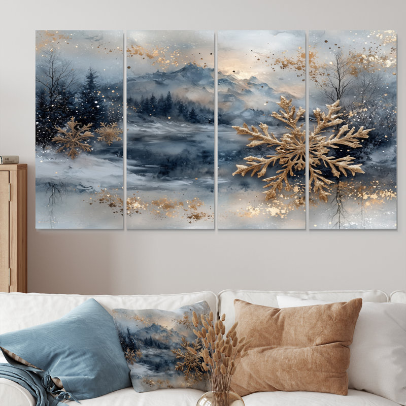 Gold Christmas Snowflakes I - Ensemble de décorations murales de Noël, H 28 po x l 48 po
