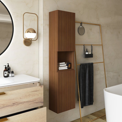 Wall-Mounted Striped Bathroom Cabinet, With Doors, Shelf And Open Storage Compartment, Brown Oak Color