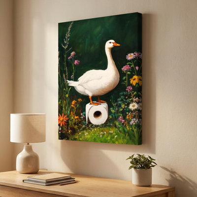 White goose perched on toilet paper roll Canvas Wall Art - surrounded by flowers - 1" Deep Gallery Wrapped - 24" x 36"