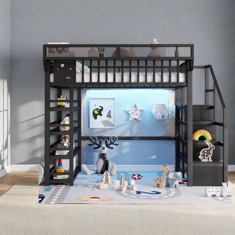 Lit mezzanine en métal peu encombrant avec rangement et DEL, conception moderne pour les adolescents