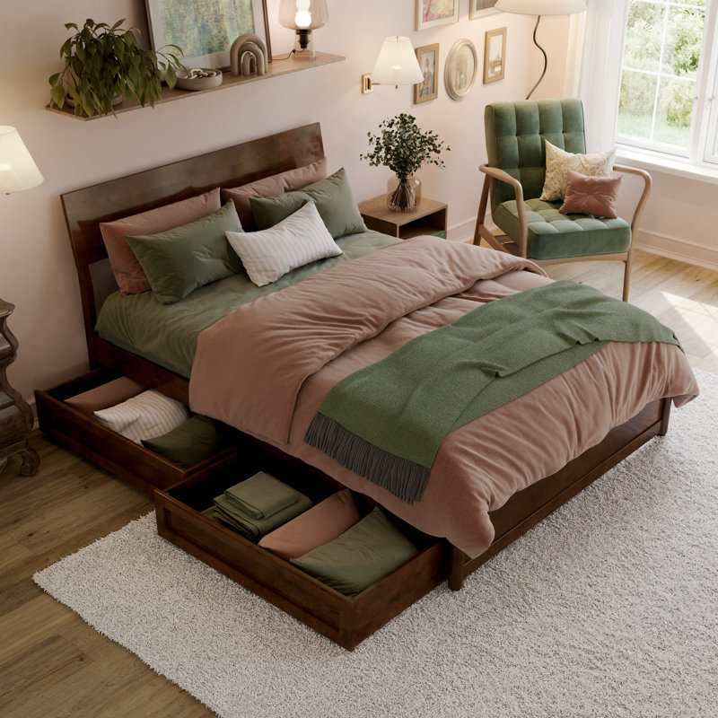 Norla Twin XL Wood Platform Bed with Footboard and Storage Drawers, White, Full, Walnut