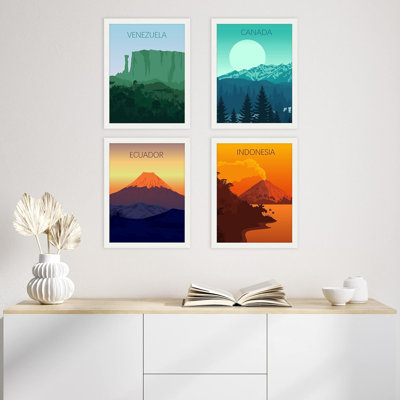 Ensemble de 4 impressions encadrées sur papier, encadrées sur papier, 4 pièces encadrées, Canada, Équateur, Canada, Indonésie