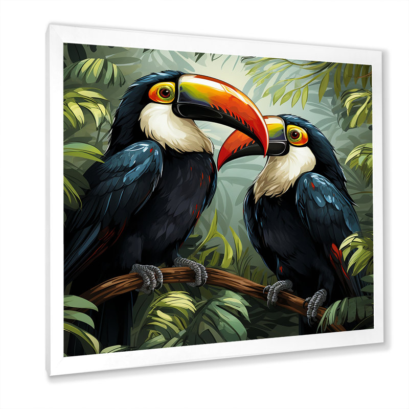 Toucans verts verts - art mural oiseau, Cadre simple blanc, H 36 po x l 36 po