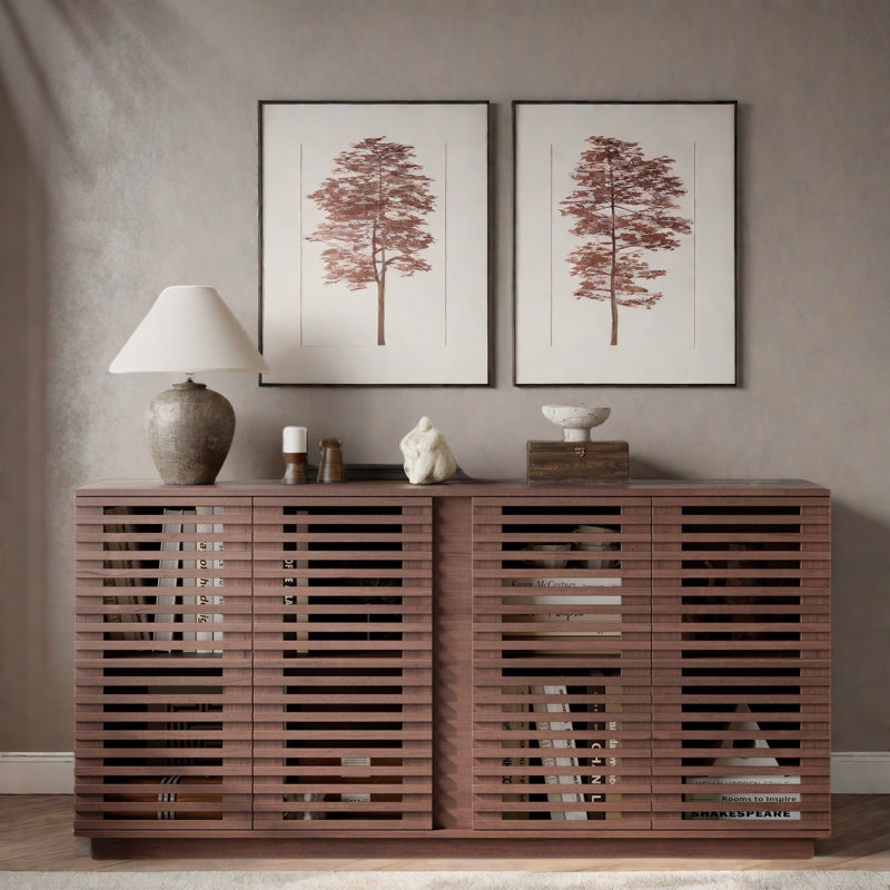Buffet multifonctionnel à 4 portes avec portes à lattes en bois, tablettes réglables