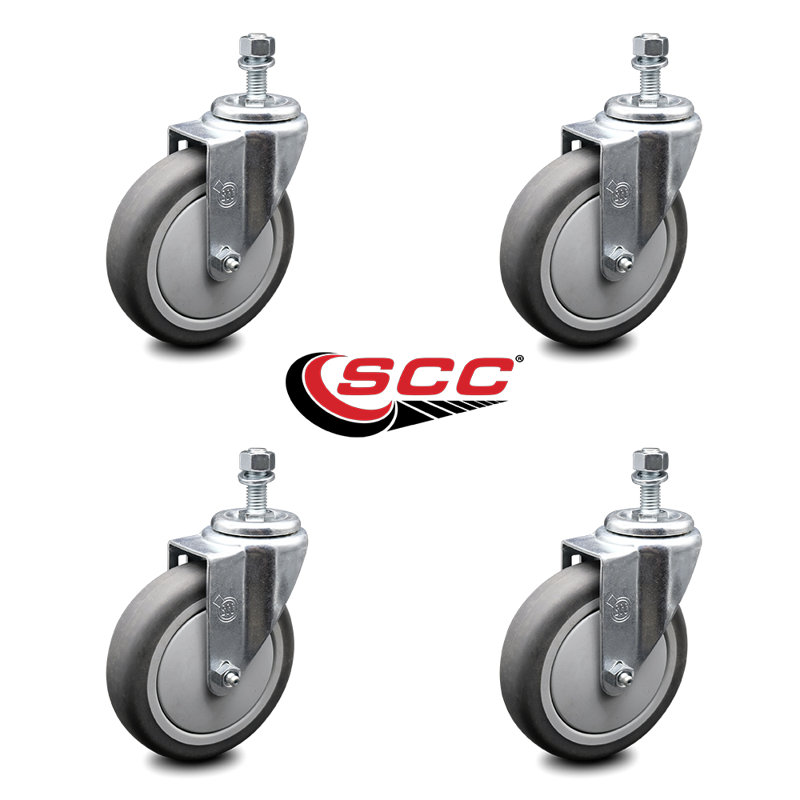 Rubber Wheel Swivel ½ Inch Threaded Stem Caster Set 2 Brake