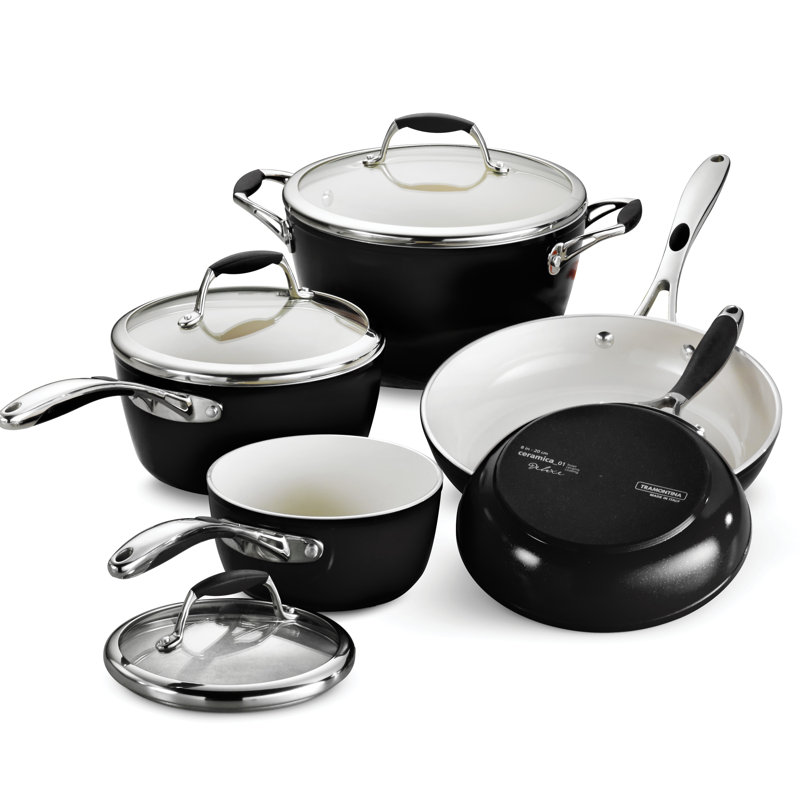 Batterie de cuisine de luxe 8 pièces avec couvercles, casseroles et poêles antiadhésives en céramique, allant au four, noir métallique