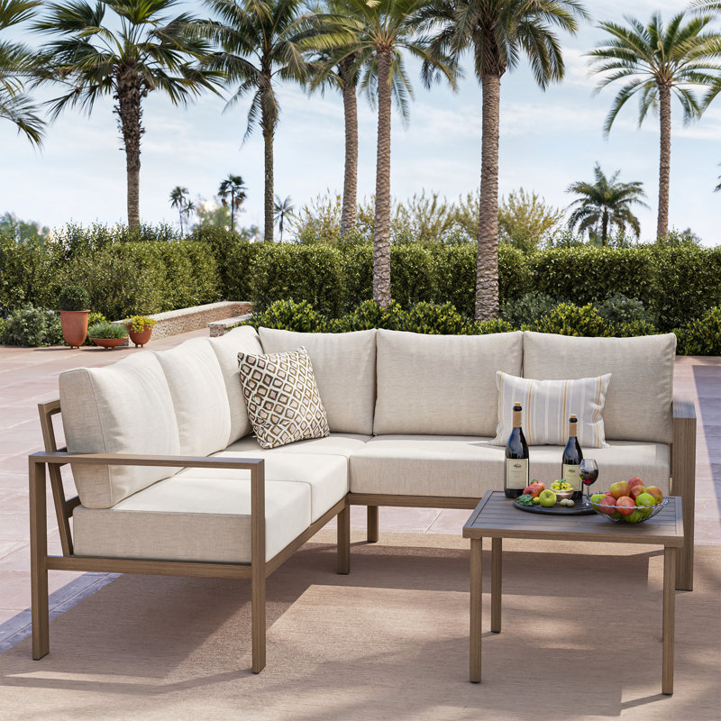 5-Person Metal Outdoor Sectional Sofa Set, Beige, Brown Wood-Grain Metal Frame