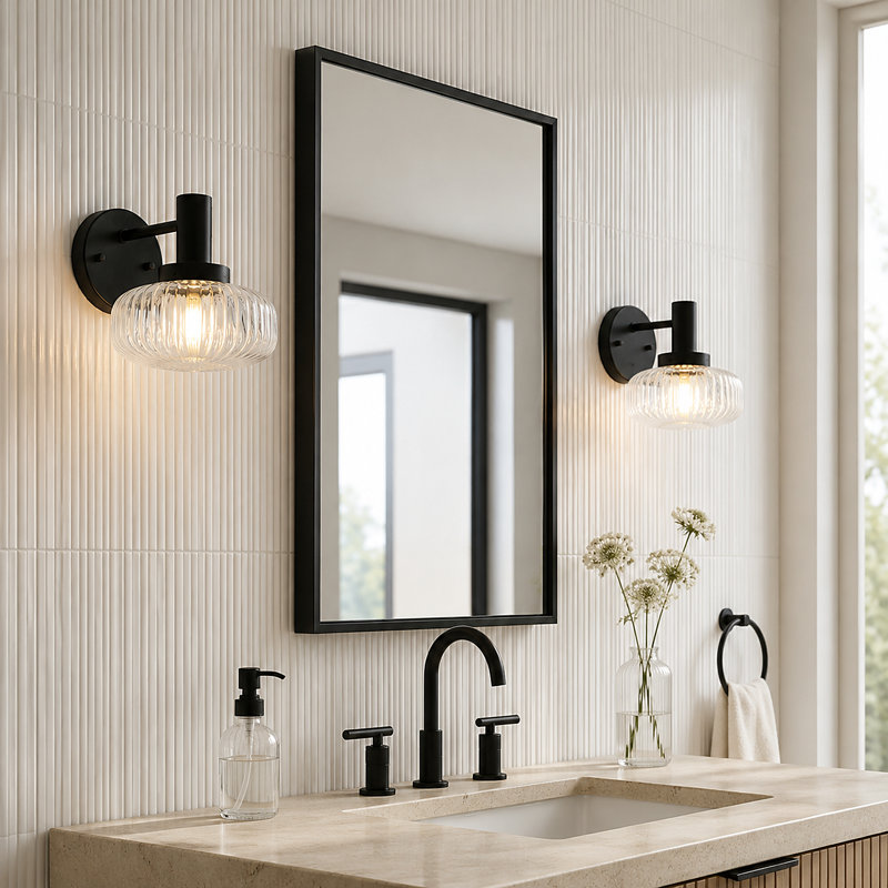Applique murale moderne noir à intensité variable avec abat-jour en verre nervuré