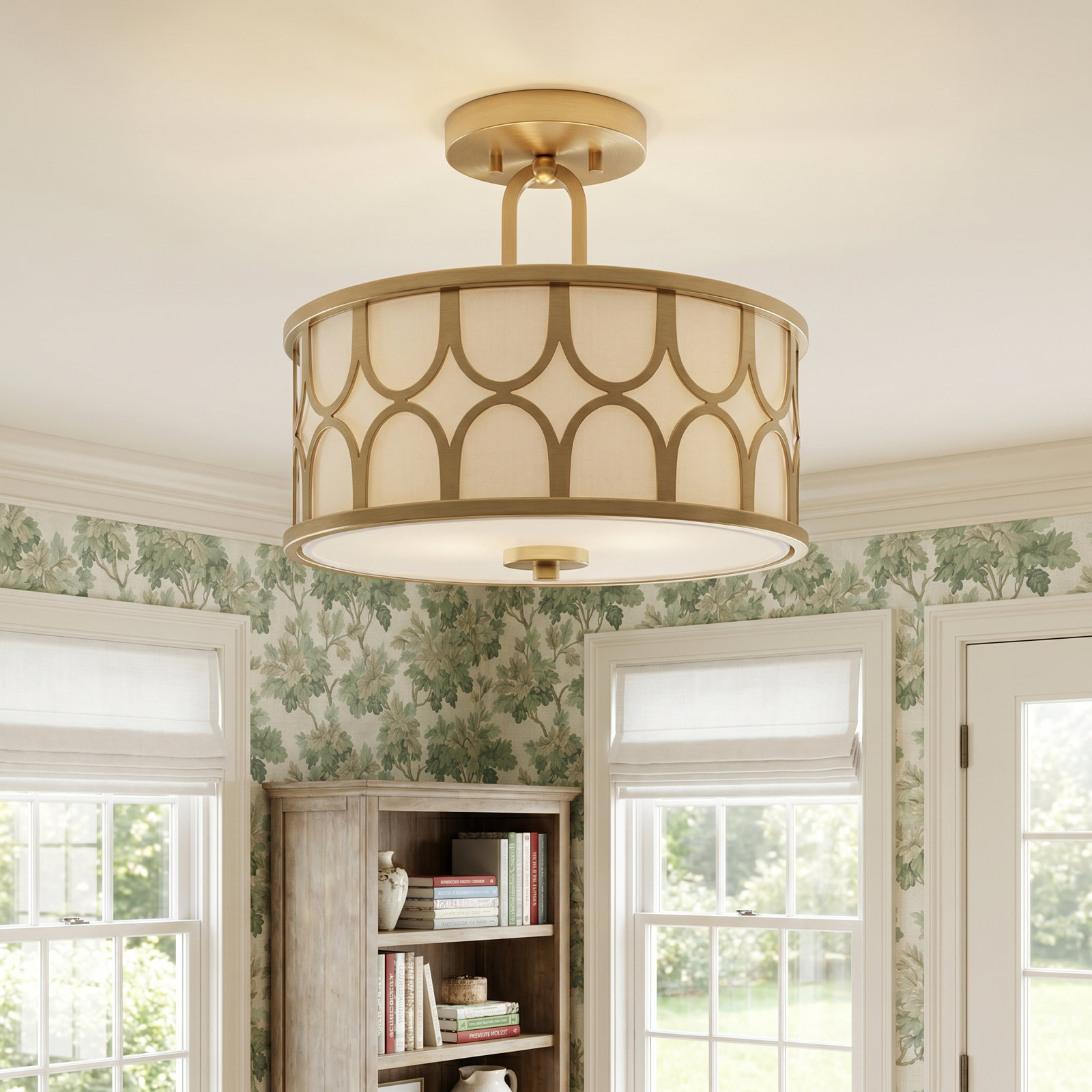 Bayberry 2 Light Fabric Semi Flush Mount, Natural Brass