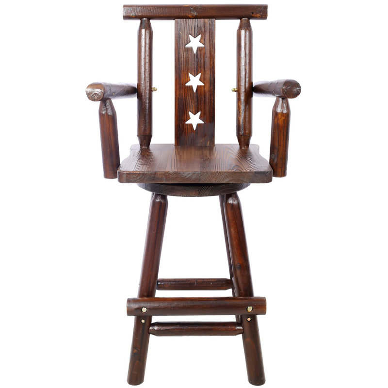 Rustic Fir Wood Bar Stool With Footrest & Wide Armrest