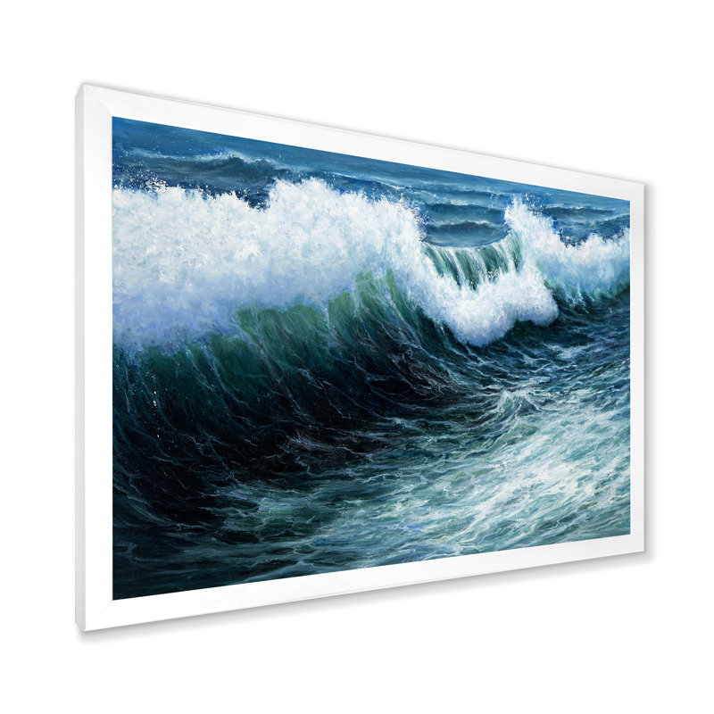 Tempête de vagues dans l'océan - Peinture sur toile, Cadre blanc, H 12 po x l 20 po x p 1 po