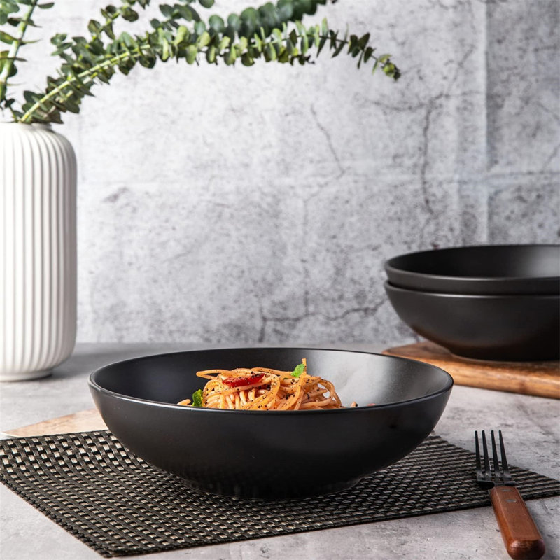 Matte Black Ceramic Microwave Safe Pasta Bowls Set