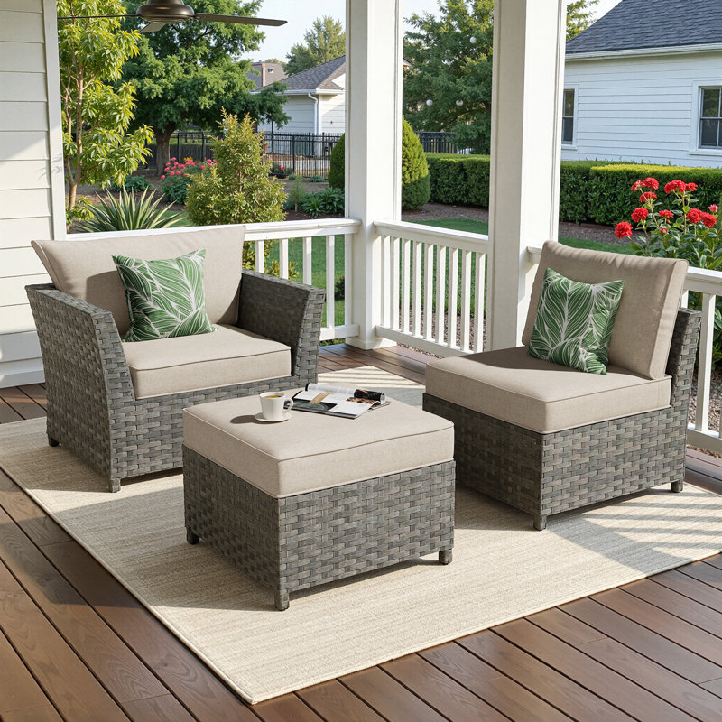 Ensemble de chaises de patio 3 pièces avec chaises longues modulaires et repose-pieds, assise en osier toutes saisons, aucun assemblage requis