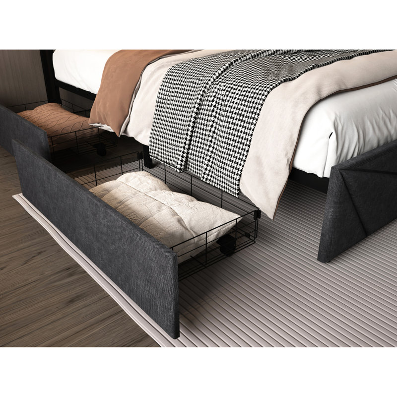 Grand lit avec tête de rangement et éclairage à DEL - Mode réglable, largeur 59,35 po, cadre noir et gris à 4 tiroirs pour un grand espace, coins arrondis doux, revêtement, métal
