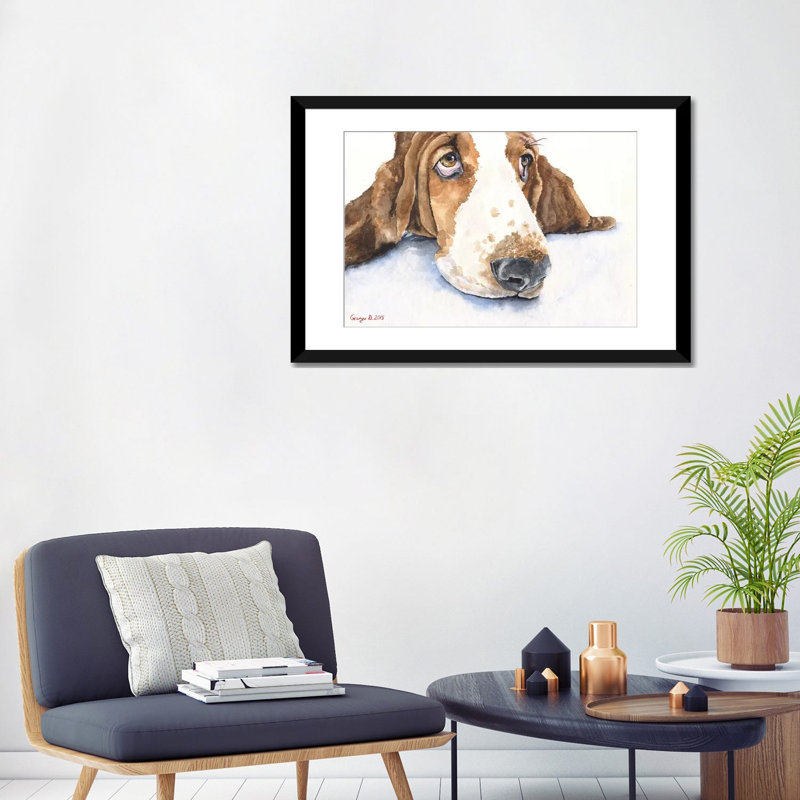 « basset v », impression sur toile, H 18 po x l 26 po x P 1,5 po, Toile avec cadre noir, Pas de tapis