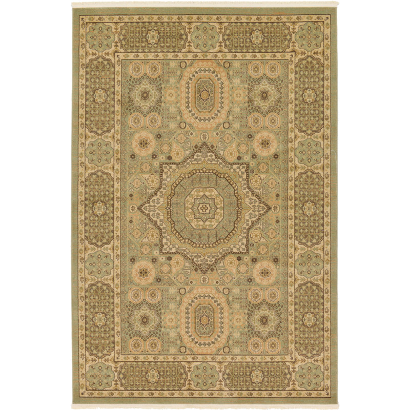 Tapis oriental vert clair et beige foncée Ophelia, Rectangle 6 pi 1 po x 9 pi, Green/Tan