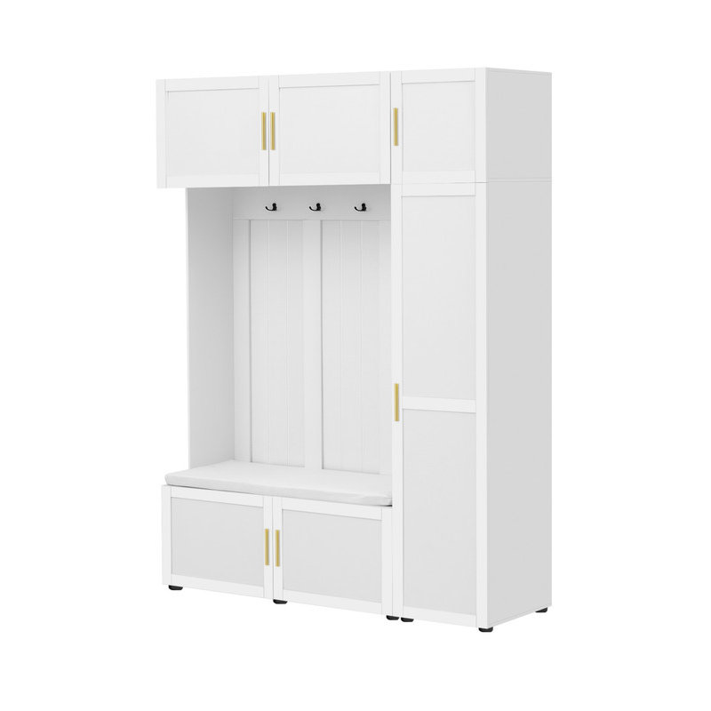 (White) American Style 4-in-1 Hall Tree with Padded Bench 4 Hooks and Multi-Tier Storage Shelves, White