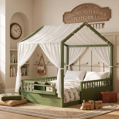 Lit cabane pour enfant (taille standard), vert

Lit à baldaquin Montessori en bois avec bibliothèque intégrée, barrières de sécurité, porte d'entrée et guirlande lumineuse. Sommier non requis.