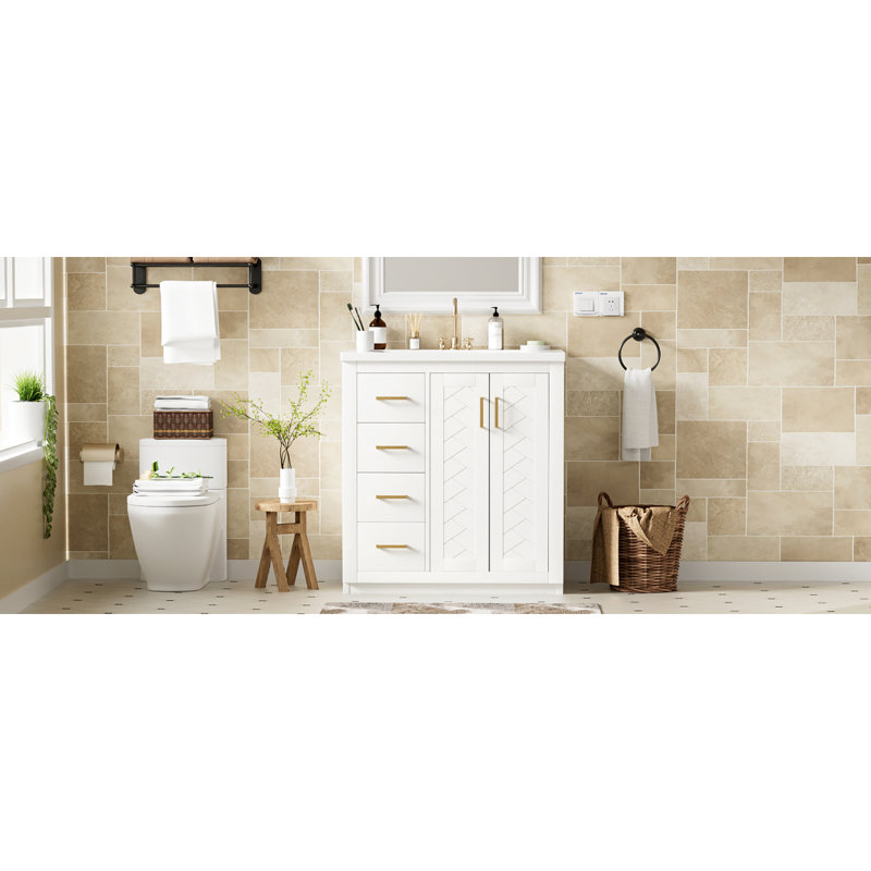 Meuble-lavabo de salle de bain avec lavabo en céramique, armoire de rangement de salle de bain à cadre en bois avec tiroirs et portes à fermeture douce