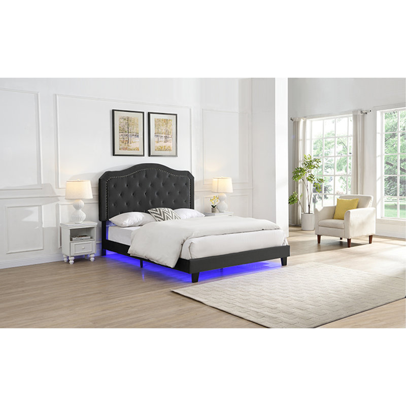 Bouton de lit rembourré capitonné avec un design incurvé - Support en lattes de bois massif - Assemblage facile - Velours noir - Avec lit plateforme à DEL - Grand