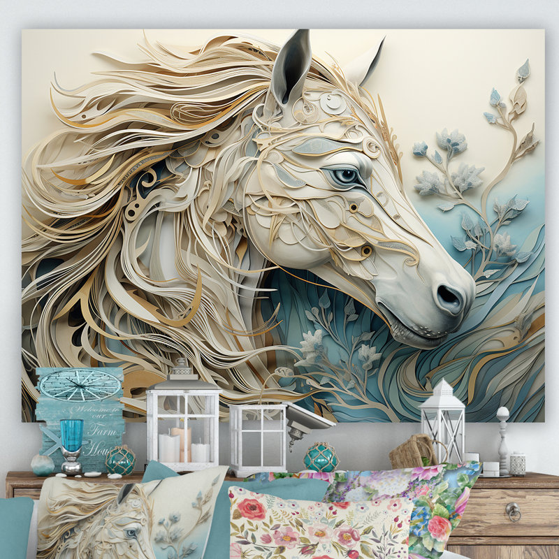 Portrait de cheval minimal bleu et blanc - impressions d'art murales de chevaux, Toile tendue, H 30 po x l 40 po
