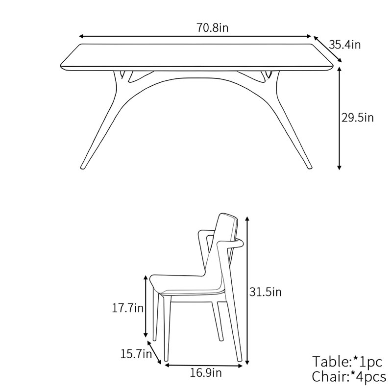 French retro simple rectangular dining table set, 29.5"H x 70.8"L x 35.4"W
