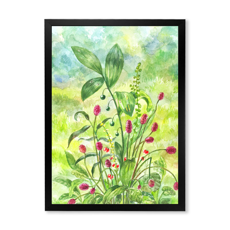 Champ vert avec un buisson fleuri rouge - peinture sur toile, Cadre noir, H 20 po x l 12 po x P 1 po