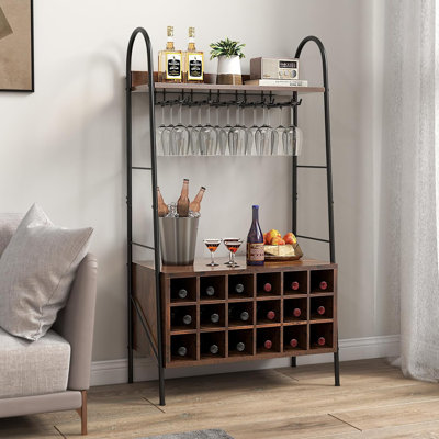 Abriya 18 Bottle Floor Wine Bottle & Glass Rack Brown