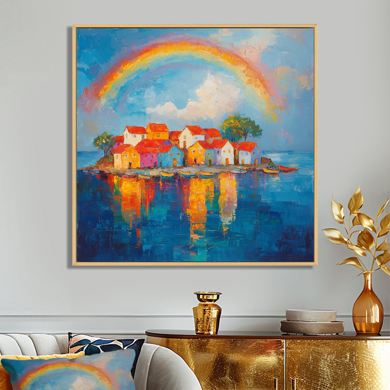 Arc-en-ciel côtier au-dessus du village de pêche III - arc-en-ciel, art mural, Impression encadrée flottante, Crème, crème
