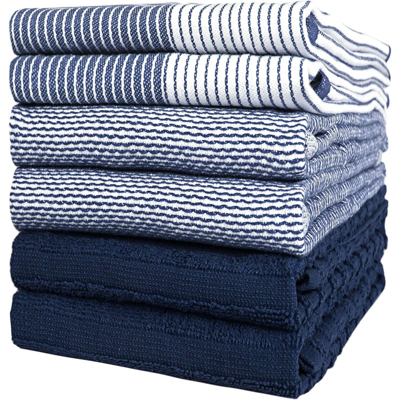 Premium Kitchen Towels (20”X 28”, 6 Pack) – Large Cotton Kitchen Hand Towels – Flat & Terry Towel – Highly Absorbent Tea Towels Set With Hanging Loop (Wide Stripe)