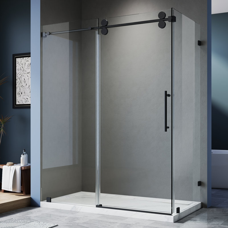 60" W X 34" D X 76" H Sliding Frameless Shower Enclosure With 3/8 Inch Tempered Glass, Matte Black, 34" W