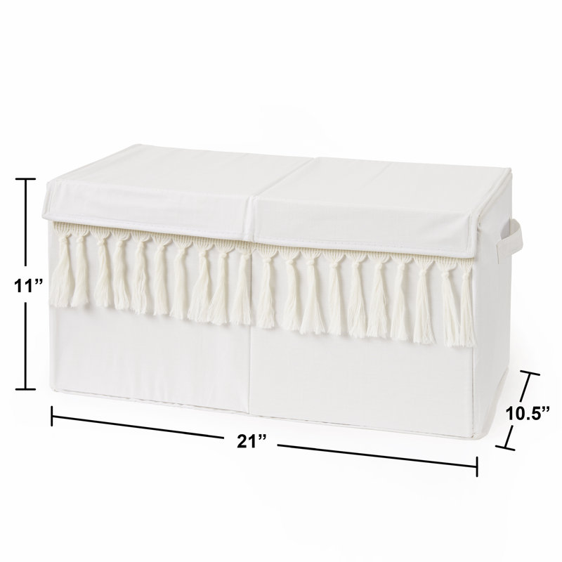 Ivory Boho Fringe Fabric Storage Toy Bin with Lid