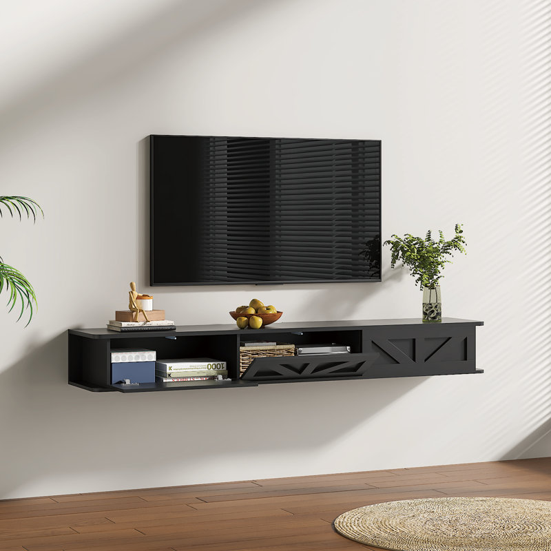 Farmhouse Floating TV Stand Wall Mounted Media Console with 3 Drop-Down Doors, 63" Walnut Top Wall Shelf for TVs up to 70"