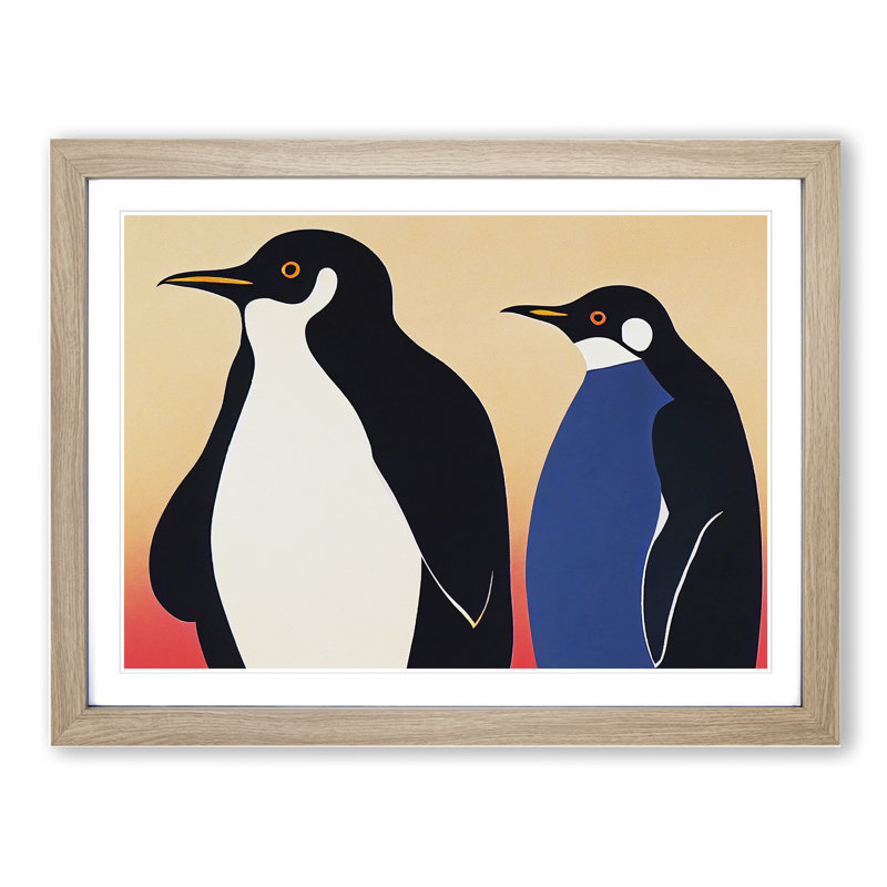 XH1022-9018X The Two Penguins Vol.1 Abstract 1 Piece Single Picture Frame Wall Art, 34cm H x 46cm W x 2cm D, Oak