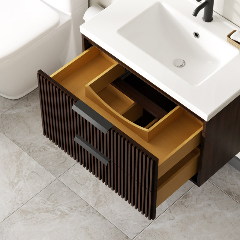 Meuble-lavabo flottant avec lavabo simple blanc Maxbano, Noyer foncé, Noir