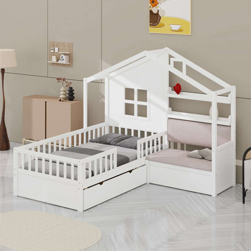 Lit House avec canapé, lit plateforme avec deux tiroirs et tablette de rangement, Blanc