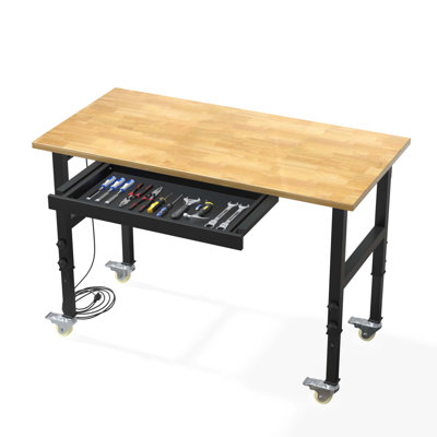 48'' Solid Wood Top Height-Adjustable Workbench with Wheels & Power Outlet & Drawer