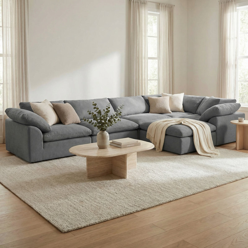 Cloud-Inspired 176" 6 Piece Oversized Deep Lounge Slipcovered Modular Corner Sectional with Reversible Chaise & Ottoman | Performance Fabric Washable Water-Resistant Stain-Proof | Deep-Seating Down-Filled Couch | Plush Cushions, Modern Design    