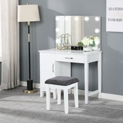 Meuble-lavabo gris foncé et blanc avec éclairage, tabouret, armoire de rangement à tiroir, hauteur de 52,15 po, largeur de 36 po, idéal pour la chambre à coucher, profondeur de 19 po