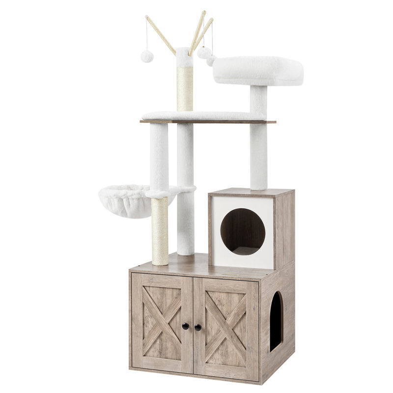 Greige 55.1" Cat Tree with Sisal Scratching Posts and Litter Box Enclosure