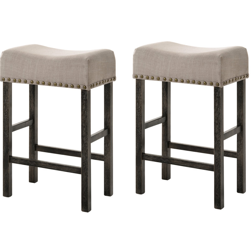 Tabouret de comptoir rembourré en lin brun clair (2) - Sans dossier avec pieds gris pour le confort de 2 sièges en bois rustique patiné