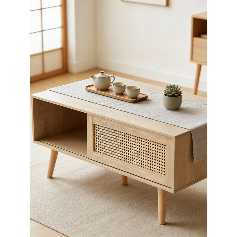 Table basse moderne en rotin avec rangement, style Boho de style Mid-Century à deux niveaux, table rectangulaire en bois pour le salon, la chambre à coucher et les petits espaces