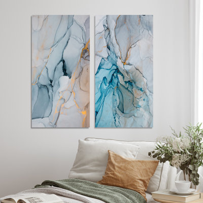 " Grey Meets Blue Marble Art Ripples III " 2 - Pieces