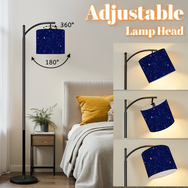 Lampe sur pied à arc avec abat-jour réglable Céleste, ciel nocturne, croissant de lune, lune, étoiles scintillantes, lampe sur pied, bleu foncé, 3 températures, intensité variable, grand mât avec interrupteur au pied pour la chambre à coucher