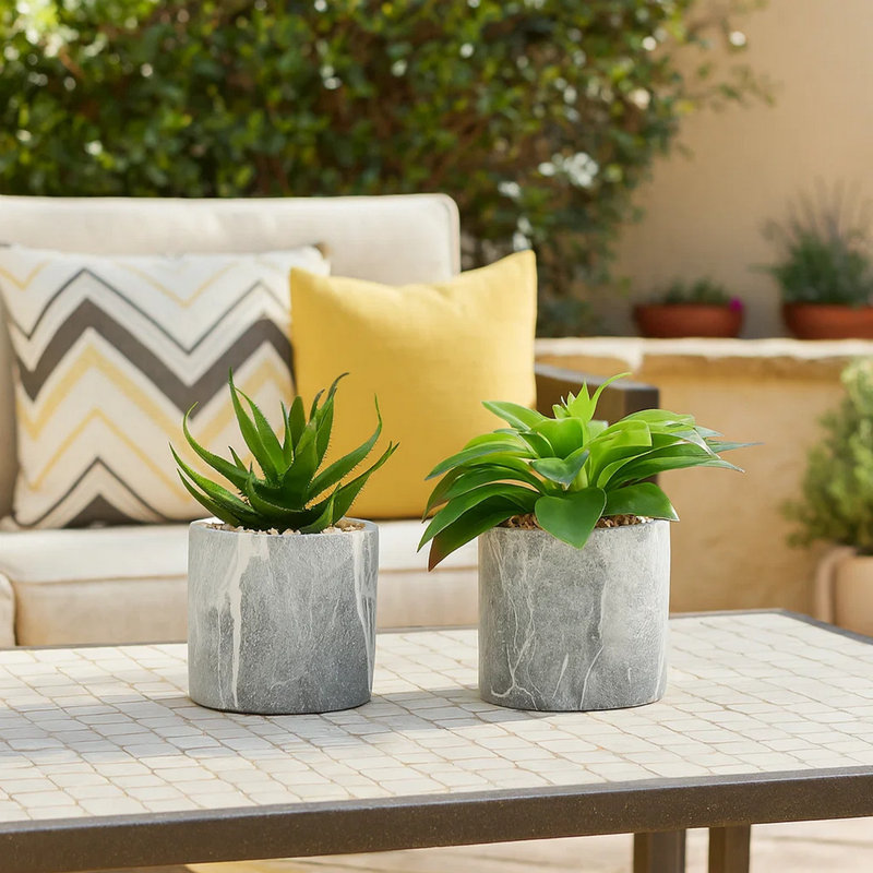 Ensemble de 2 plantes grasses artificielles en soie, marbre gris d'intérieur, vert