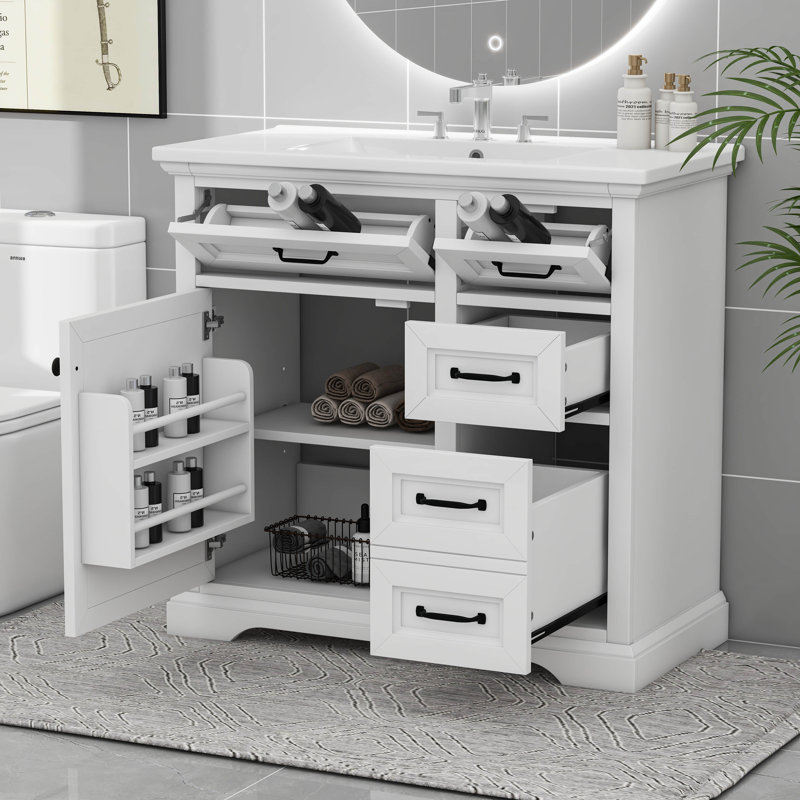 Meuble-lavabo 36 po avec lavabo, lavabo en céramique, 2 tiroirs basculants, Blanc
