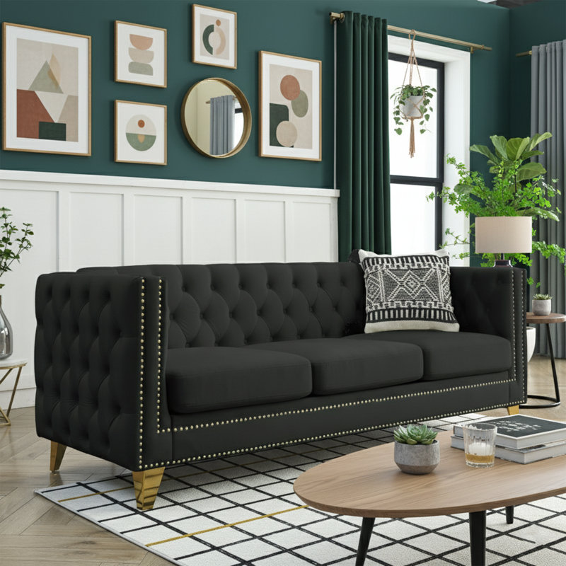 Canapé en velours de 80,5 po de largeur avec boutons et dossier capitonnés - Canapé Chesterfield moderne avec garniture cloutée et pieds en métal - Canapé rembourré 3 places de luxe - Noir